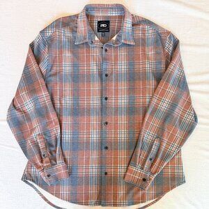 PTO Button-Up Long Sleeve Shirt Men's Orange Blue Plaid Stretch Classic - 2XL